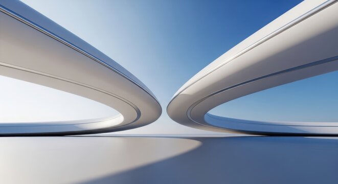 A futuristic scene featuring two curved structures meeting in the middle on a sleek surface under a clear blue sky with a sunny day.