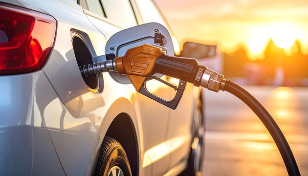 A silver car being refueled at a station during sunset