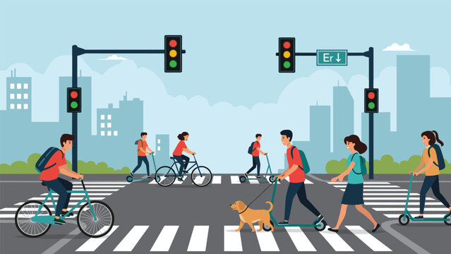 People riding bicycles and electric scooters across a city crosswalk with traffic lights and high-rise buildings in the background.