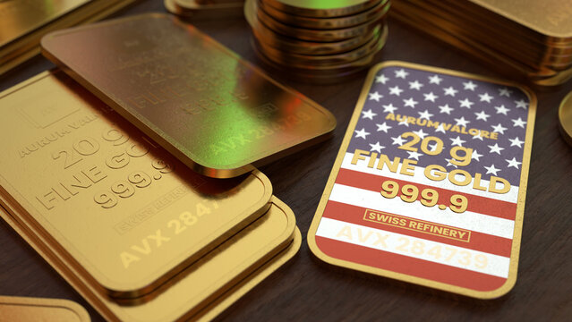Gold Bars And Coins With The Flag Of The United States