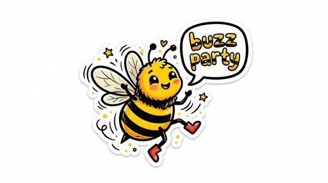 Cartoon bee dancing joyfully with text saying "buzz party"  