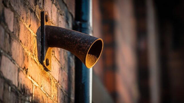 A rusty metal industrial pipe protruding from a weathered brick wall, showcasing texture and aged detail.