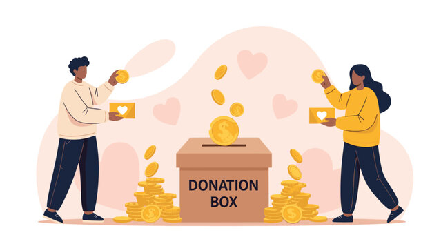 Diverse people putting gold coins into large donation box surrounded by piles of money and heart shapes for charity.
