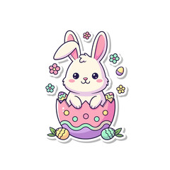 Fototapeta premium Cute Easter Bunny in Egg Pastel Sticker Illustration – Clean White Background