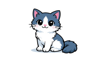 Fototapeta premium Cute Fluffy Gray and White Cat Illustration Sitting and Looking Forward with a Playful and Adorable Expression on a White Background