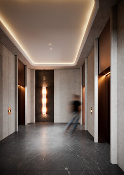 Luxury elevator lobby interior with copy space. Modern real estate marketing background.