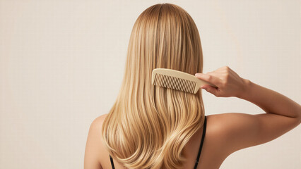 Naklejka premium Beautiful young woman brushing her long blonde hair from behind for elegant hair care concepts cosmetic beauty salon graphics and healthy grooming routines.