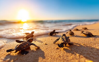Obraz premium Hatchlings Racing Toward the Ocean at Sunrise on a Beach Shoreline