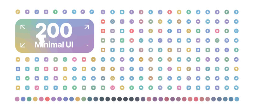 Set of 200 minimal UI icons in various pastel colors, ideal for modern app and web interfaces.