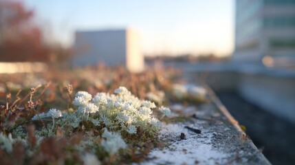 Naklejka premium Seasonal transition on vegetated surgical center rooftop showing crisp winter foliage details in focus soft unfocused surrounding environment.