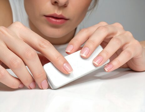 Woman Carefully Filing Her Nails with a White Nail File.