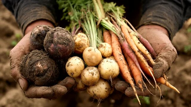 Hands holding freshly harvested root vegetables in soil