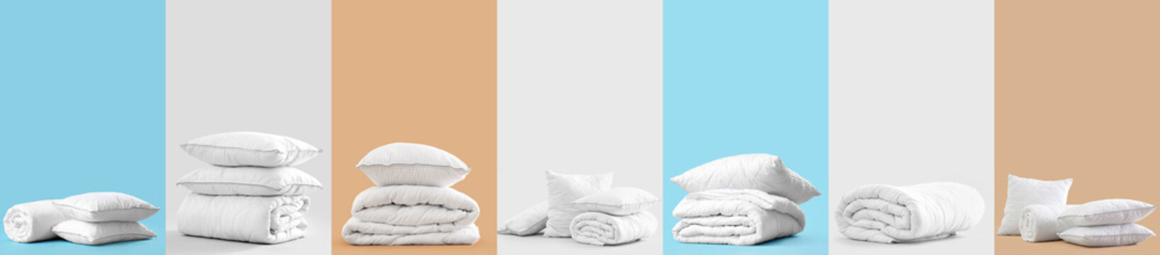 Set of soft blankets and pillows on color background