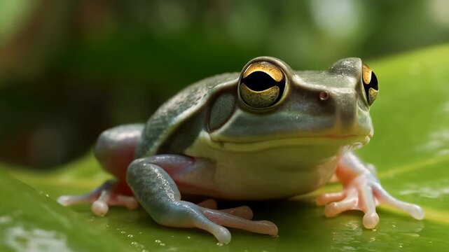 Detailed Macro Image Of Wetskinned Green Frog With Pink Toes And Golden Eyes In Rainforest Setting