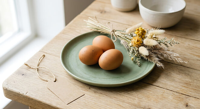 Minimalist Easter Still Life with Brown Eggs on Sage Plate and Dried Flowers. Elegant Scandinavian Easter Table Setting with Natural Eggs and Blank Kraft Tag.