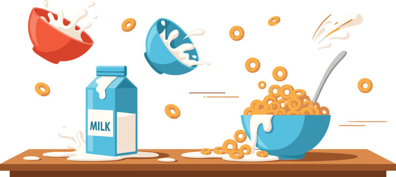 Cereal Breakfast Splash Scene with Milk Pouring, Bowl and Flying Rings Showing Dynamic Food Motion for Morning Meal Illustration Design
