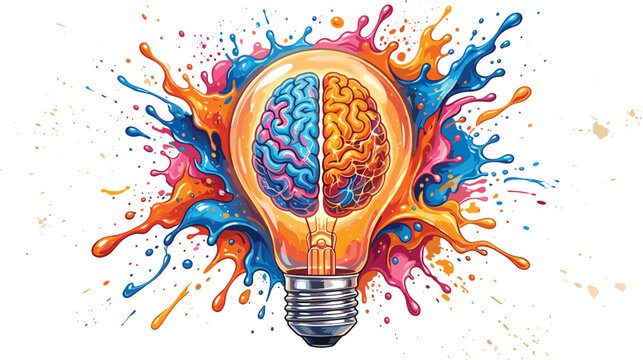 Creative light bulb with a human brain inside exploding with colorful paint splashes representing innovation artistic thinking brainstorming and powerful mental imagination