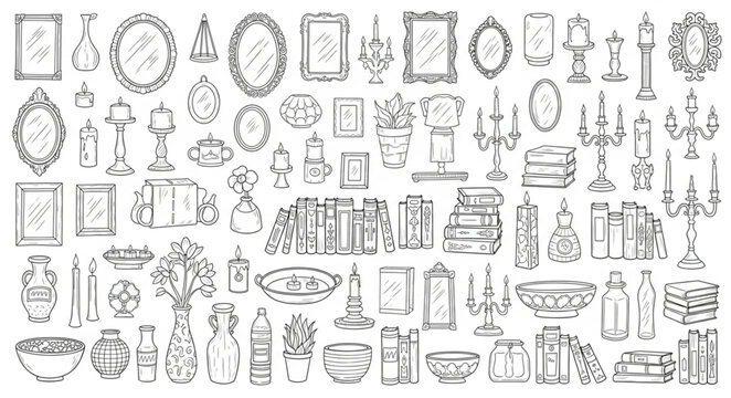 Collection of various antique decorative objects and frames.