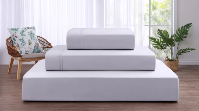 Neatly folded pale purple microfiber sheet set stacked indoors with soft light filtering through curtains