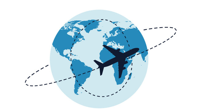 An airplane flies around a globe with a dotted line showing travel routes.