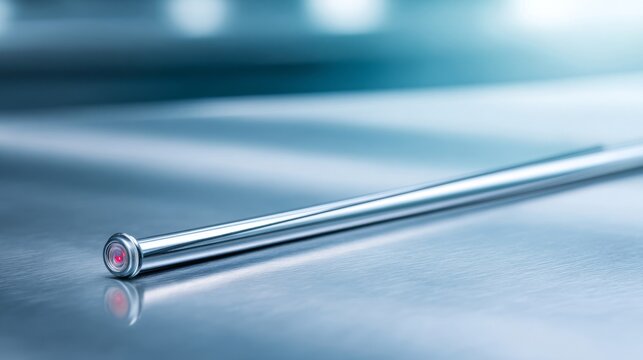 Close-up of a shiny metal thermometer probe with a bright, clean surface for accurate digital temperature measurement in a scientific setting.