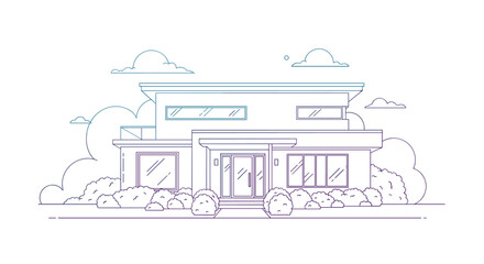 Obraz premium Elegant two-story modern residential house with flat roofs and large windows shown in a clean purple and blue line art style with clouds.