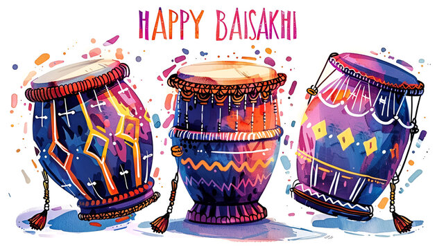 Happy baisakhi celebration banner with colorful punjabi drums and artistic background