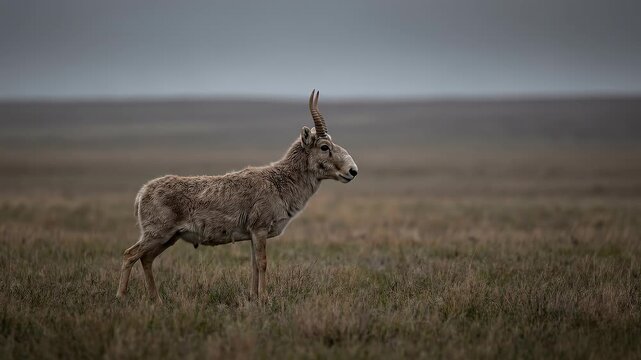 Rare Saiga Antelope Standing Alone in the Vast Grassy Plains.