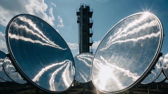 Dynamic medium shot capturing solar mirrors reflecting intense sunlight while a few light clouds drift above the lime calciner tower.