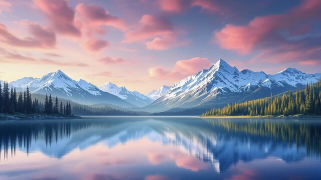 Serene mountain sunset with pink clouds over snow capped peaks peaceful nature landscape