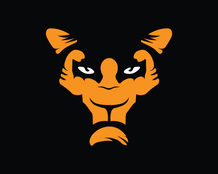 Creative orange panther head logo design combined with muscular flexing arms for fitness and gym branding.