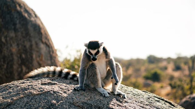 Ring-tailed Lemur Poses on a Rock in Natural Habitat, Sunny Day.