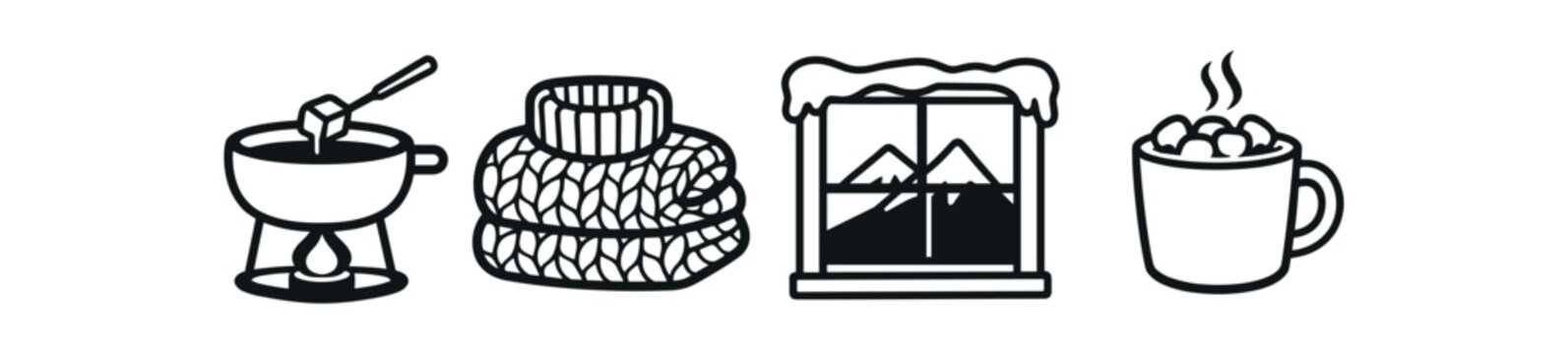 Winter comfort icon set. fondue pot, knit scarf, snowy window, hot mug, cozy hygge items. line and flat vector illustration.