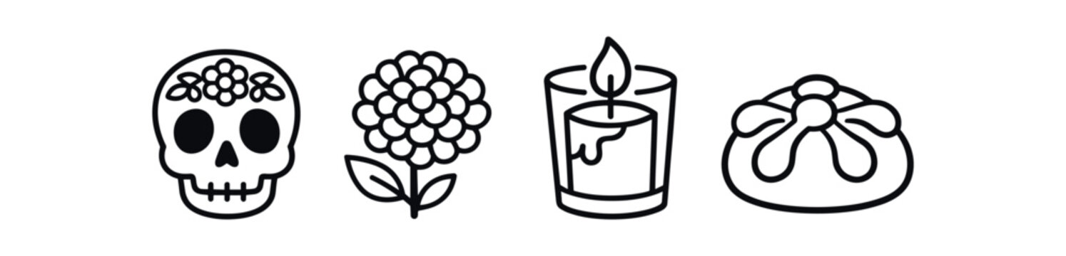 Day of the dead celebration icon set. sugar skull, marigold flower, candle, sweet bread. line and flat vector icon set.