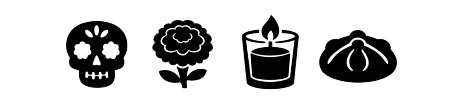 Day of the dead solid icons. decorative skull, marigold bloom, votive candle, sweet bread. flat vector illustration.