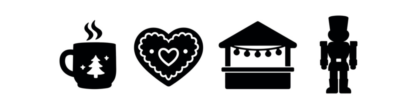 Christmas market icon set. mug with tree, heart cookie, festive stall, nutcracker toy in solid silhouettes. line, flat and colored vector icon set.