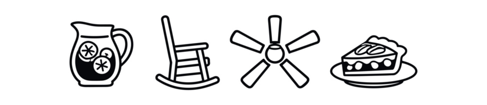 Home comfort icon set. lemonade pitcher, rocking chair, ceiling fan, slice of pie, cozy, leisure. line, flat and colored vector icon set.