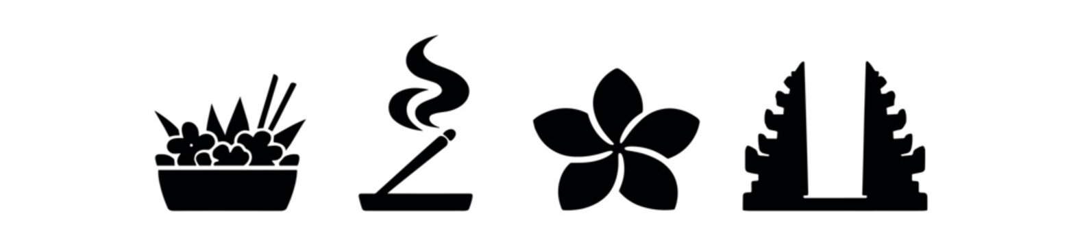 Balinese spa symbols icon set. offering bowl, incense, frangipani blossom, split temple gate, ritual, wellness. flat vector illustration.