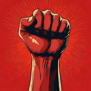 Strong red raised fist illustration with sunburst background for protest and human rights