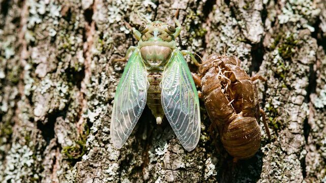 Cicada Emerges from Exoskeleton on Tree Bark in Nature.