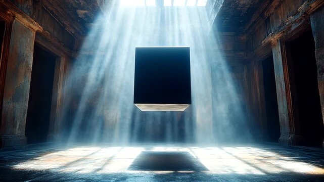 Mysterious black cube levitating in a dimly lit ancient temple