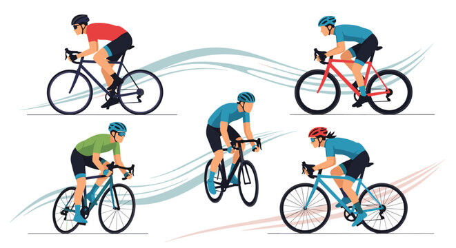 Collection of professional cyclists wearing helmets and colorful jerseys riding bicycles in various positions against abstract wind lines.