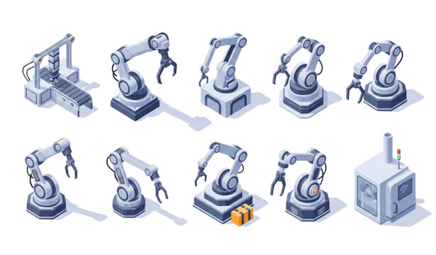 Isometric 3D robotic arm vector set with industrial machines automated assembly line icons