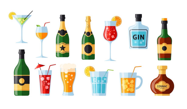 Colorful cocktail and alcohol illustration set with bottles and glasses for bar and menu design