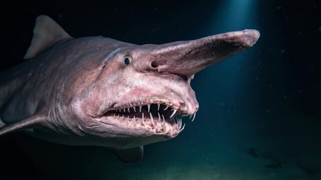 Rare Goblin Shark Swimming in Deep Ocean Water, Close Up View.