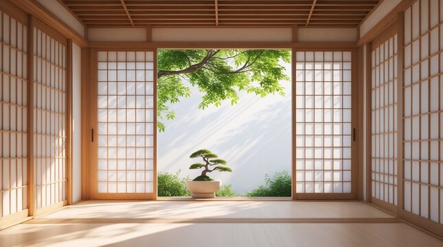 Japanese room with Shoji and Bonsai garden sun light 障子と盆栽のある和室 木漏れ日の風景