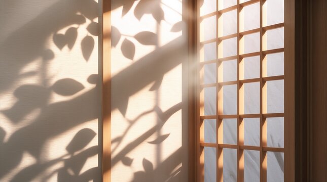 Shadow of leaves on Shoji screen with sunlight 障子に映る木の影と木漏れ日の風景