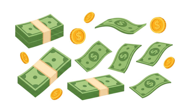 Colorful cartoon cash illustration with dollar stacks bundles flying banknotes and gold coins