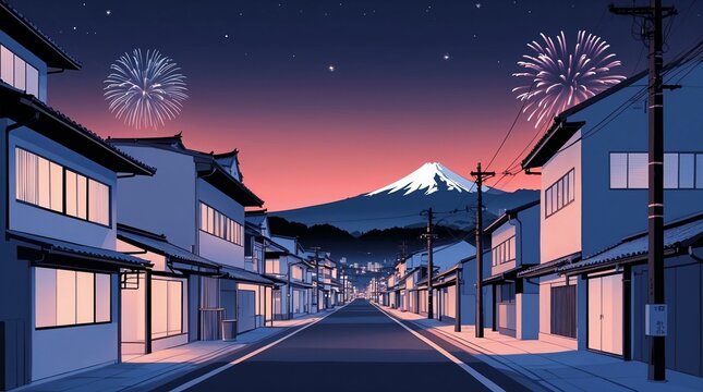 Mt Fuji with fireworks over old Japanese street night view 富士山と花火が上がる古い町並みの夜