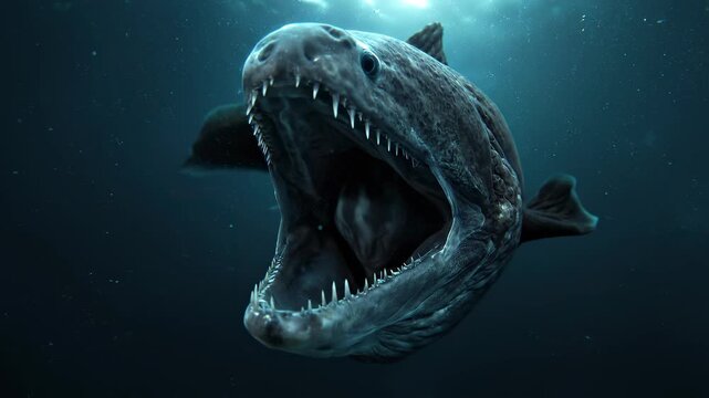 Underwater CGI animation of a prehistoric Mosasaurus predator with open jaws and teeth.